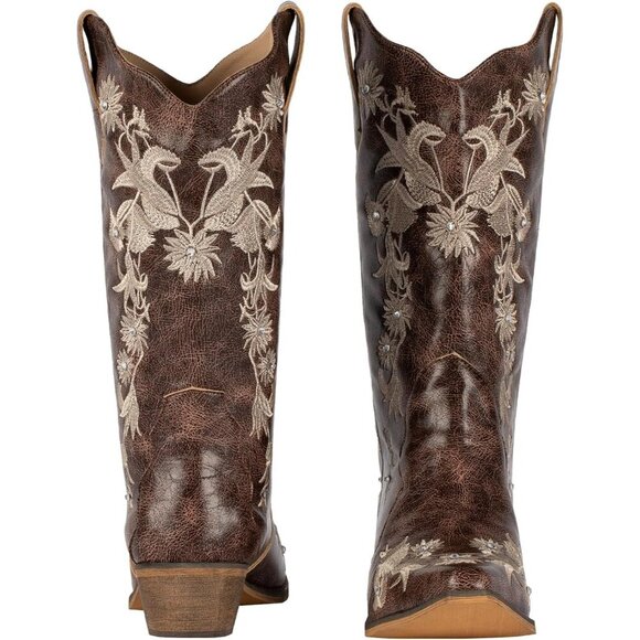 SheSole Women's Floral Embroidered Rhinestone Western Cowboy Boots Wide Calf - Picture 2 of 9